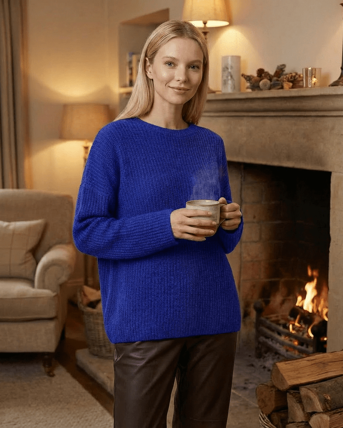Indira Sweater by SLIMONA, loose fit thick ribbed knitwear in blue, perfect for cozy winter evenings.