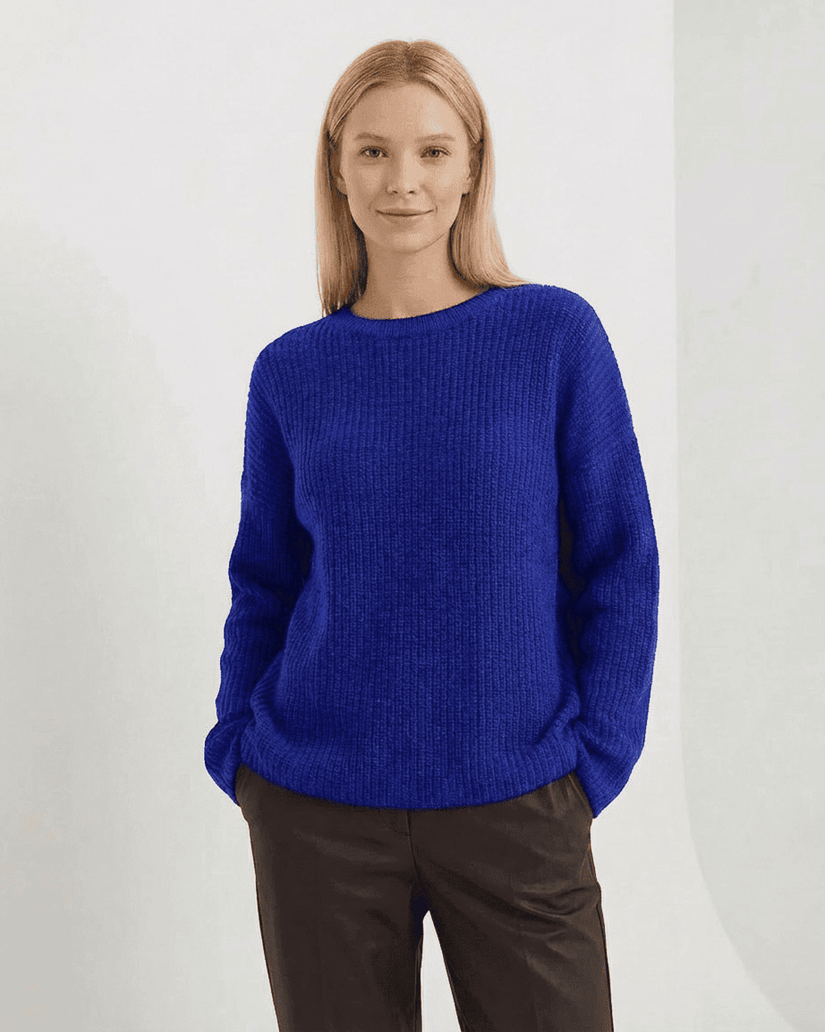 Indira Sweater by SLIMONA - Loose fit thick ribbed knitwear in vibrant blue with round neck for women.