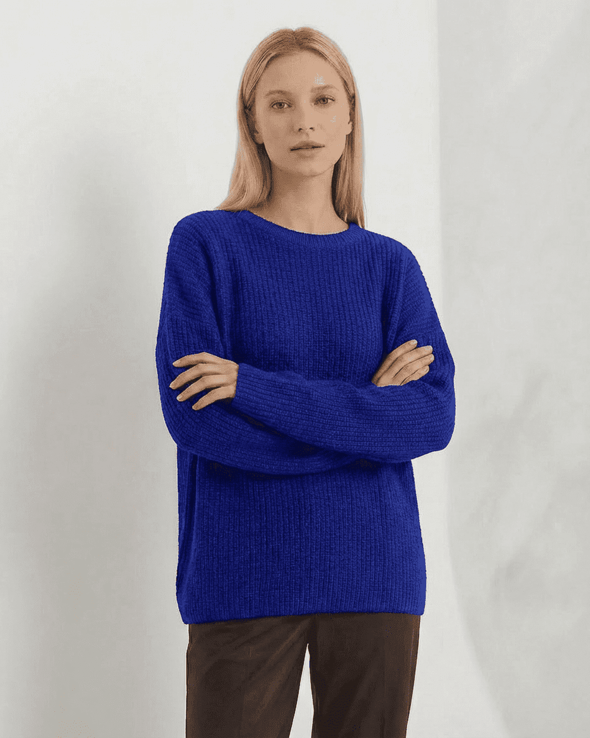 Indira Sweater by SLIMONA, a loose fit thick ribbed blue knitwear with round neck, perfect for cool weather.