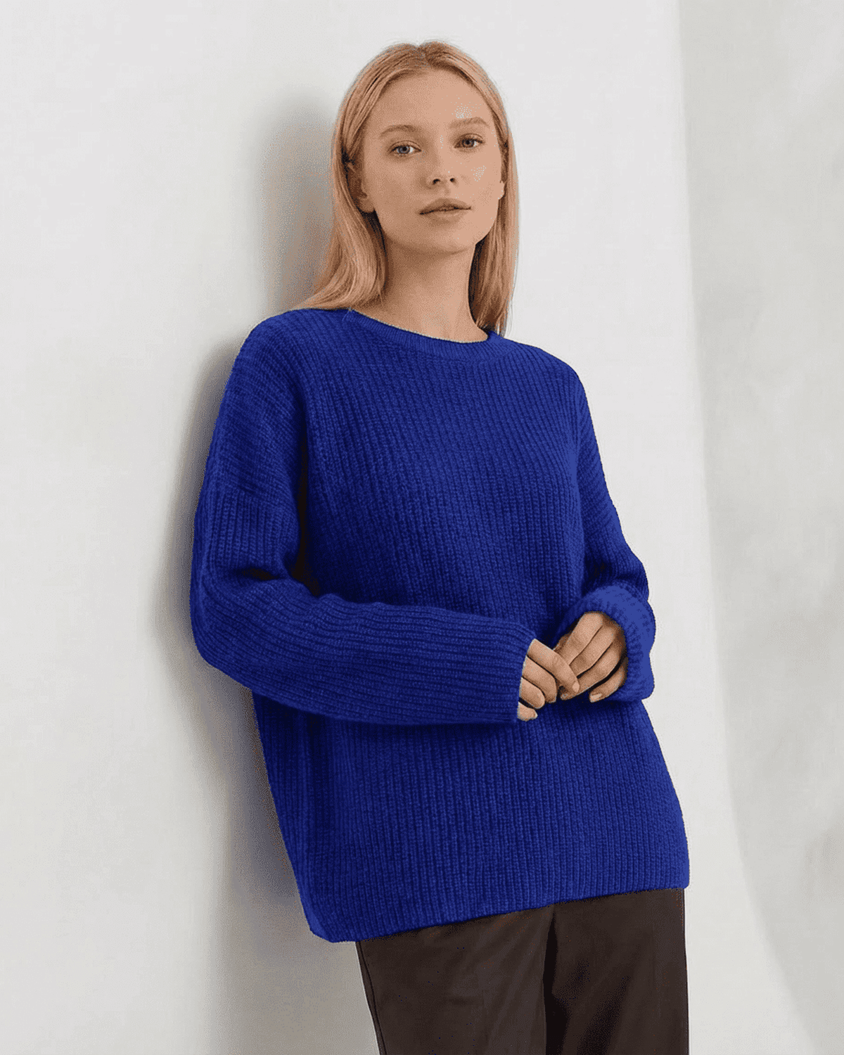 Indira Sweater by SLIMONA - Loose fit thick ribbed knitwear in vibrant blue color, perfect for colder months.