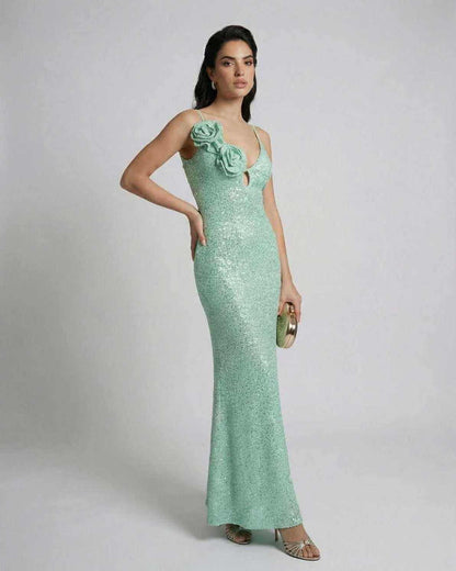 Isla Maxi Dress by Lauven in mint green sequin with floral detail, perfect for spring and summer events.