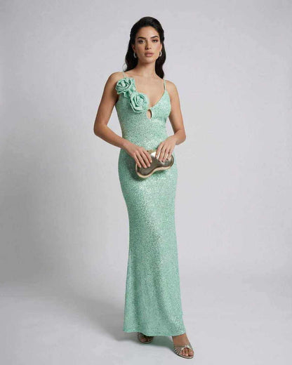 Isla Maxi Dress by Lauven - Mint green sequin ankle-length sheath dress with floral detail and spaghetti straps.