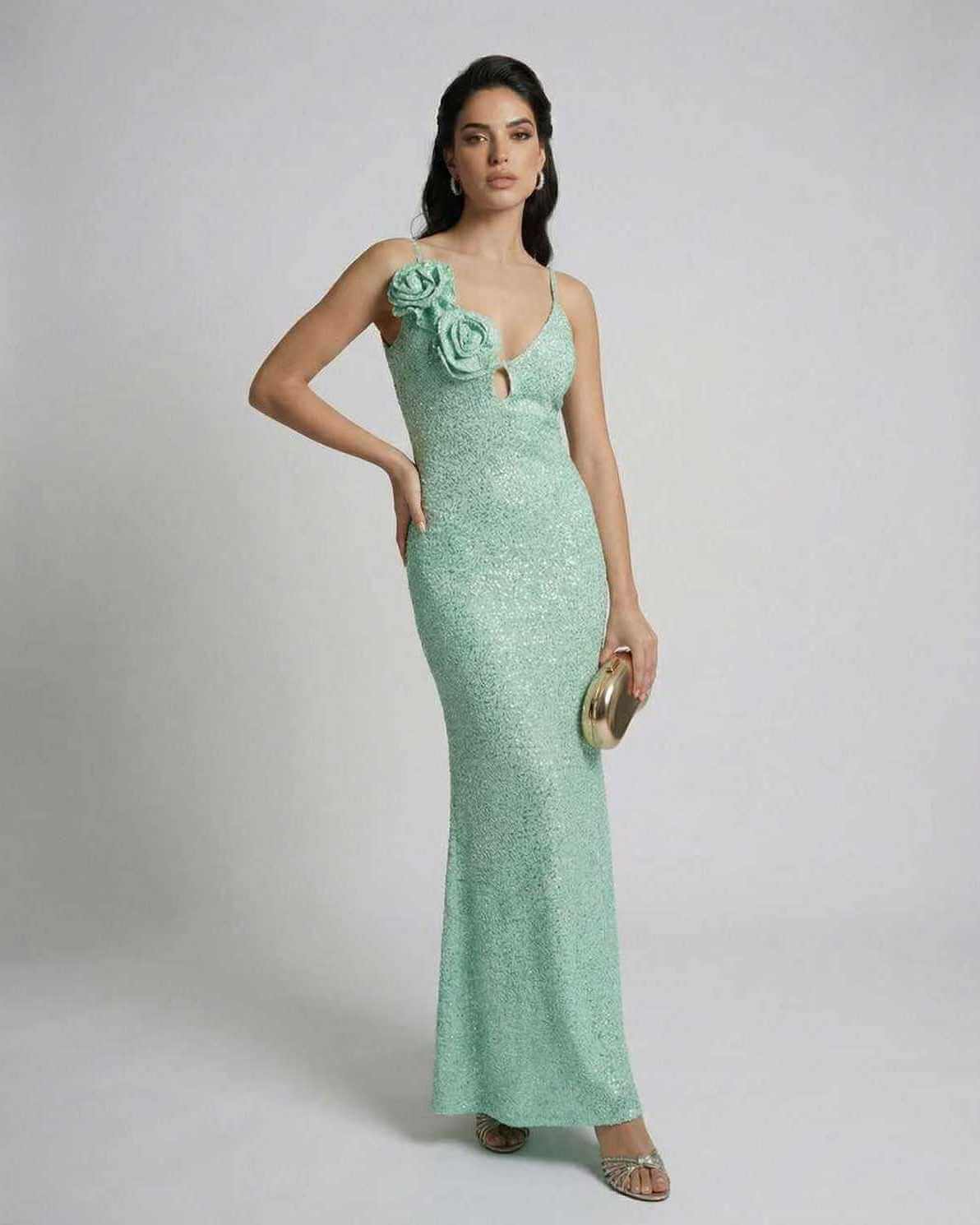 Isla Maxi Dress by Lauven, mint green sequin ankle-length sheath dress with floral detail and spaghetti straps.