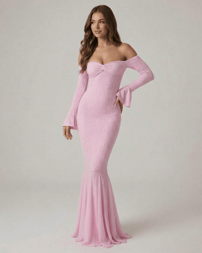 Isolde Maxi Dress by Lauven – Off-the-shoulder lace mermaid maxi dress with long sleeves in soft pink.