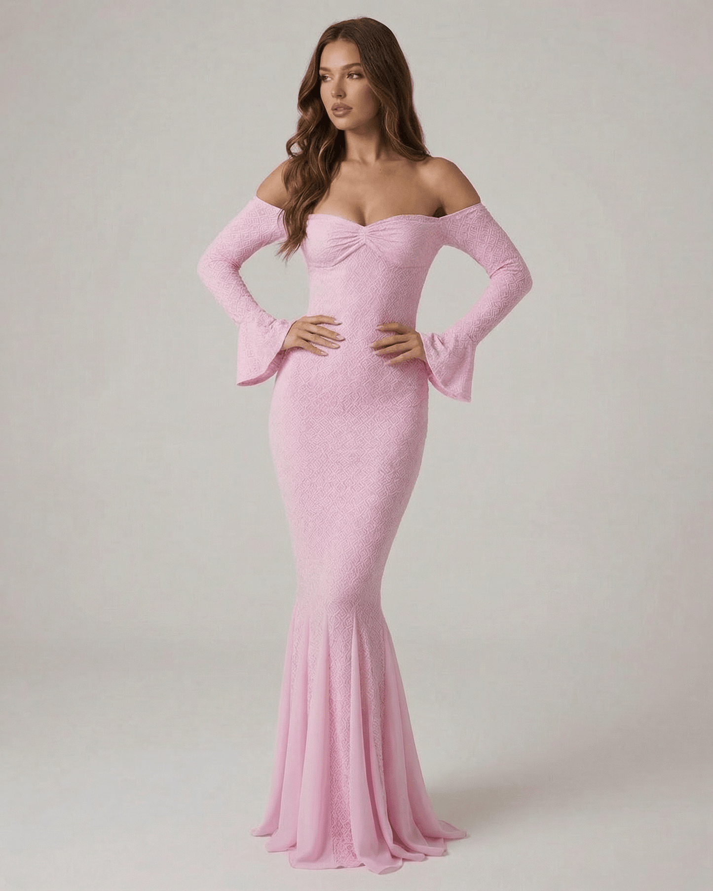 Isolde Maxi Dress by Lauven - Off-the-shoulder lace mermaid dress in pink with long sleeves and a sculpted silhouette.