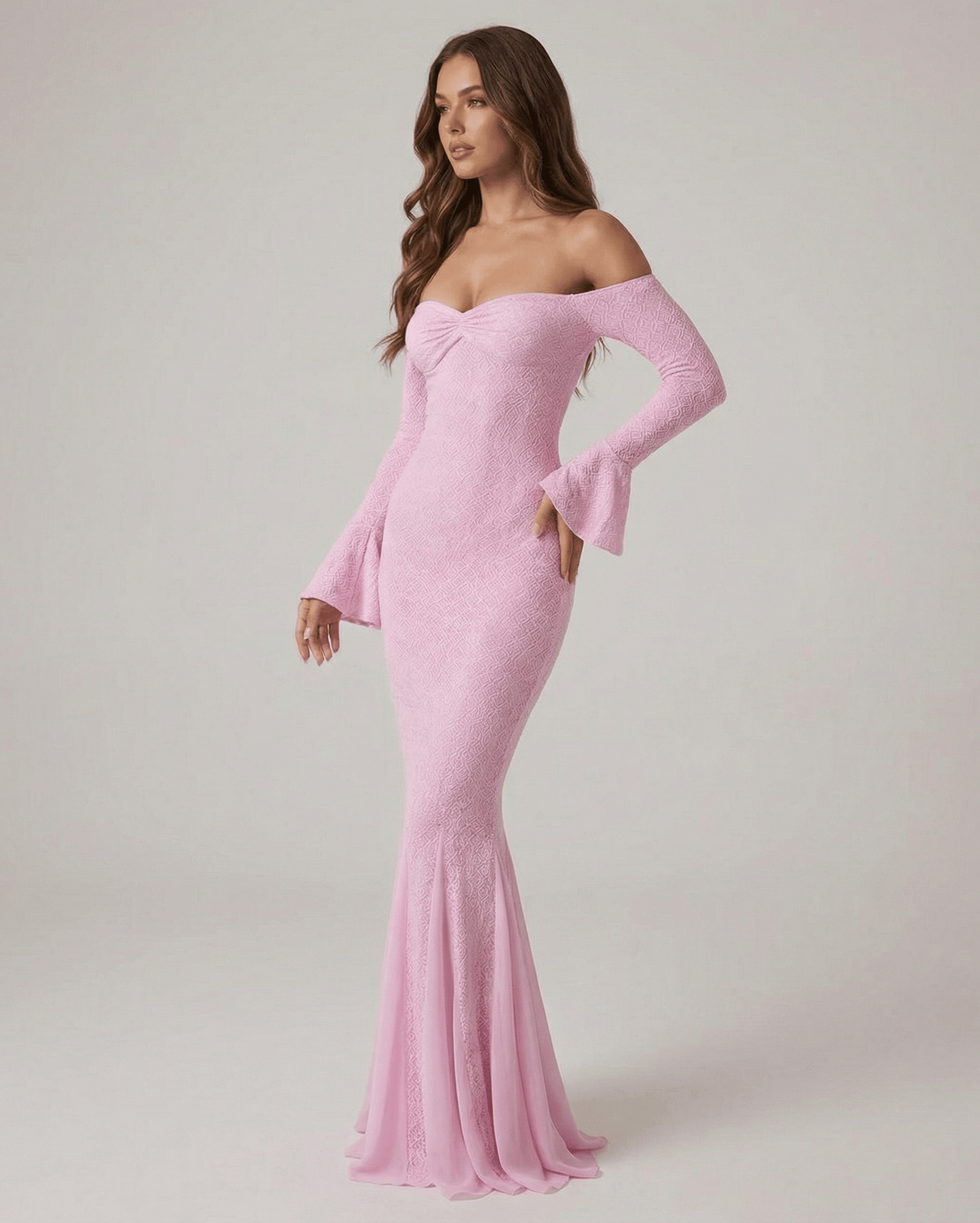 Isolde Maxi Dress by Lauven - Off-the-shoulder lace mermaid maxi dress in pink with long sleeves.