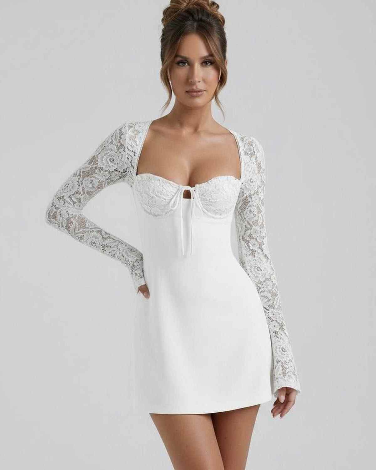 Ivory Lace Dress by Lauven - Elegant white lace sleeve mini dress with floral detailing and flattering fit.