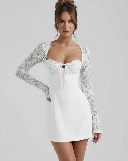Ivory Lace Dress by Lauven - Elegant white lace sleeve mini dress with floral detailing and flattering fit.
