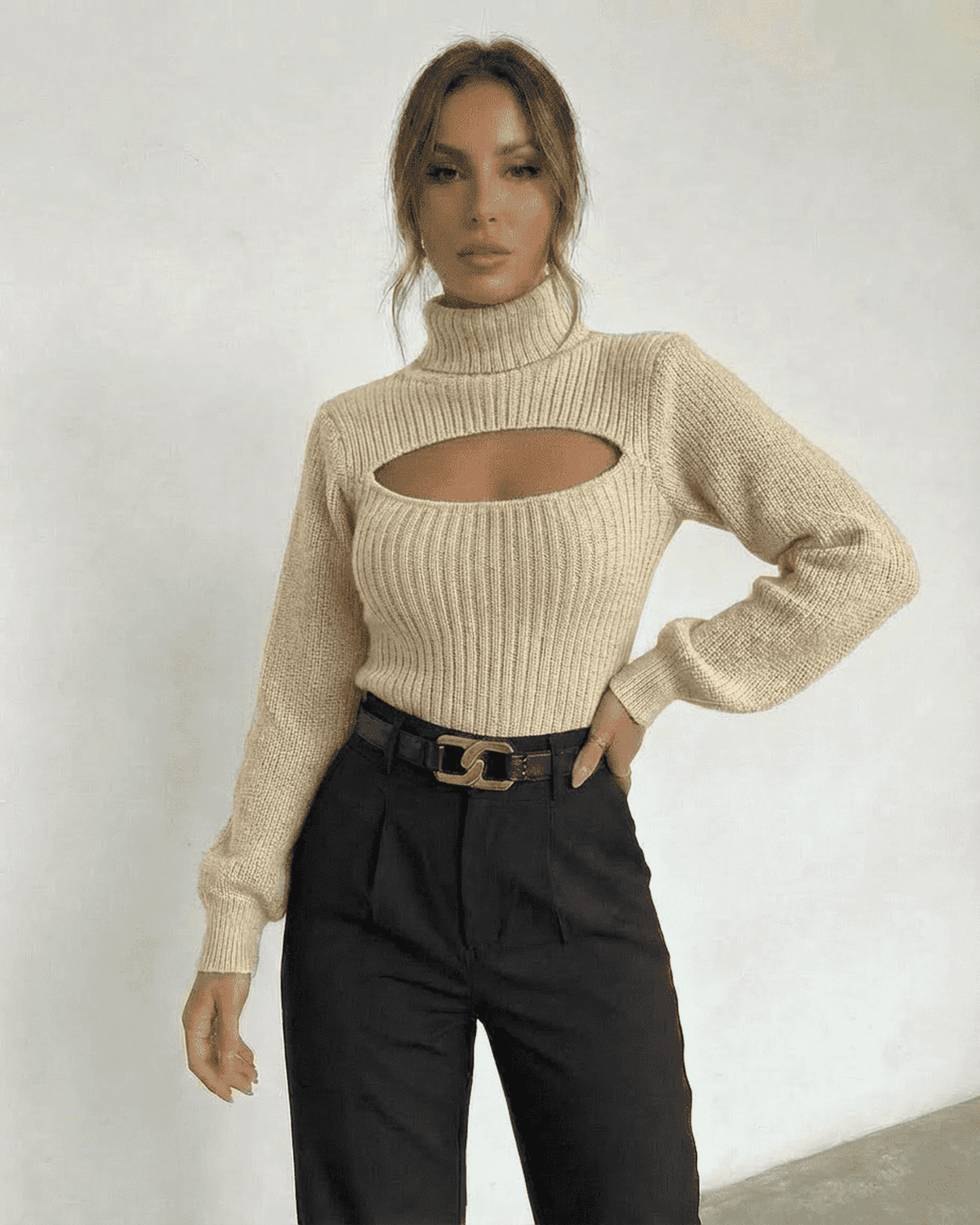 Ivory Sweater by SLIMONA featuring a mock neck and cut out design, perfect for stylish fall layering.