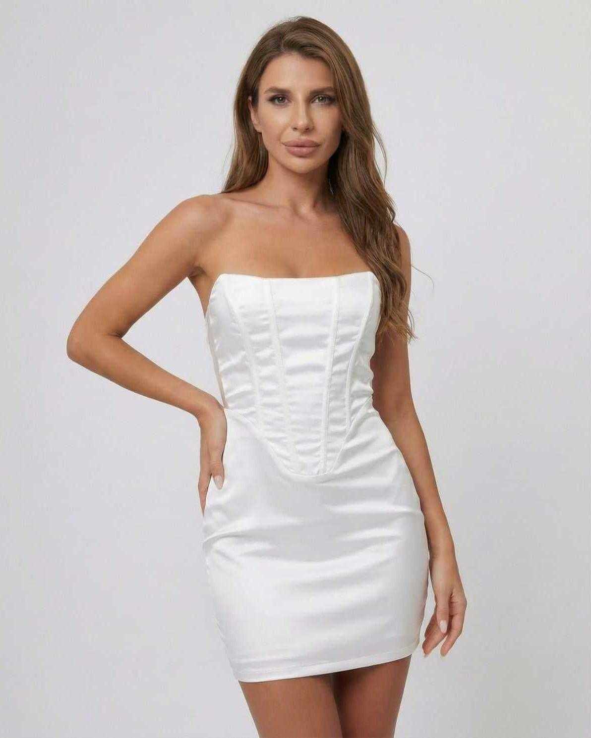 Ivorya Mini Dress by Lauven - Strapless satin-effect pencil mini dress showcasing structured bodice with fishbone detailing.