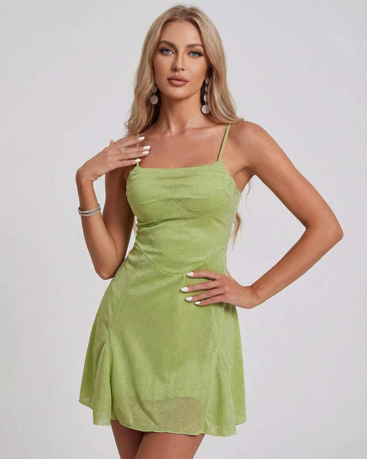Ivy Mini Dress by Lauven in shimmering light green fabric with A-line silhouette and square neckline.