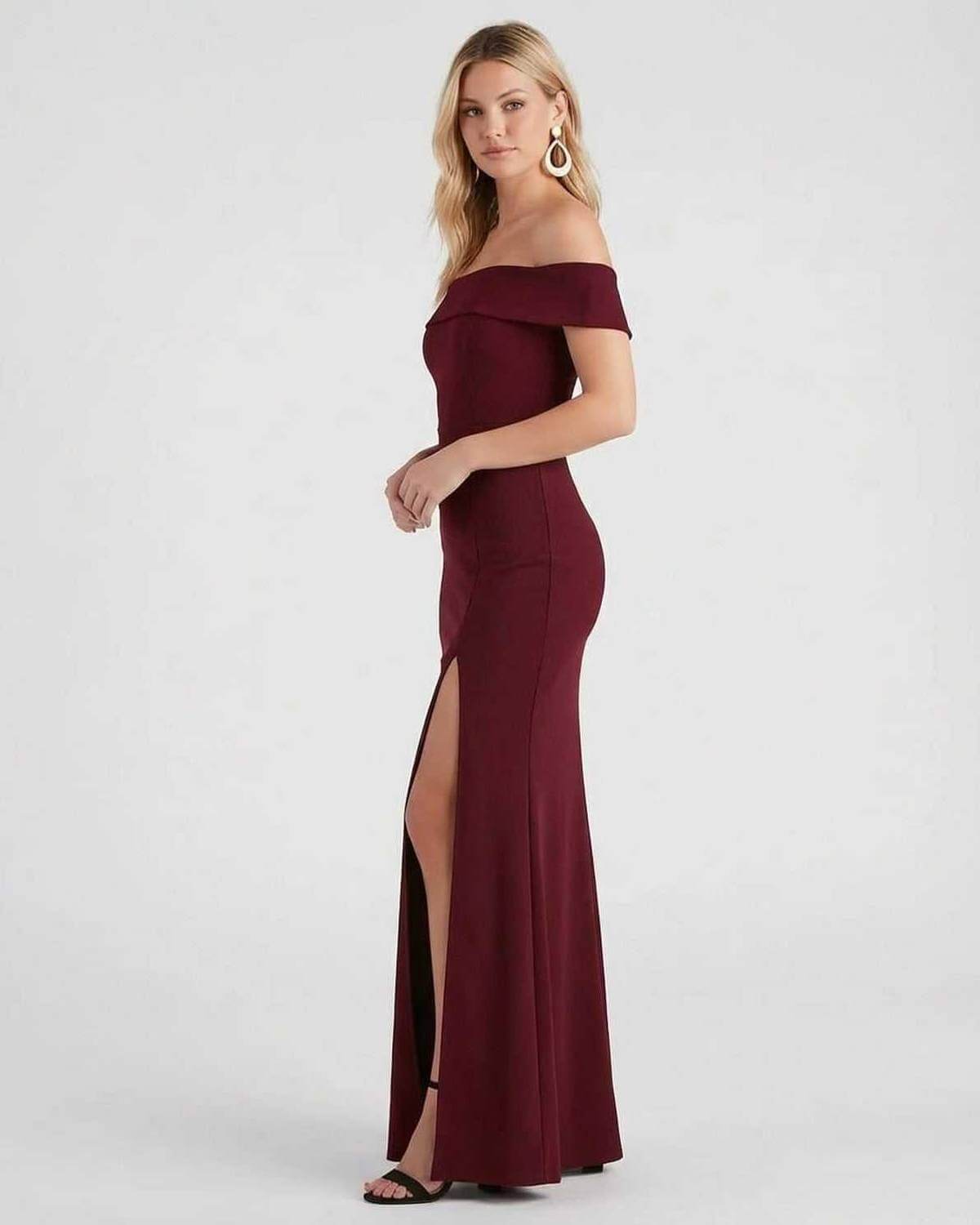 Kate Maxi Dress by SLIMONA, elegant off-the-shoulder crepe knit design with a stylish side slit.