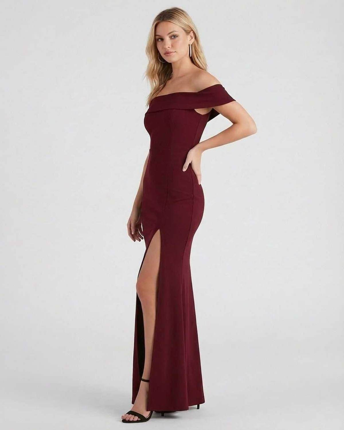 Kate Maxi Dress by SLIMONA, elegant off-the-shoulder crepe knit gown with a thigh-high slit.