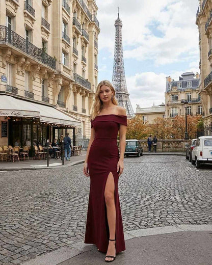 Kate Maxi Dress by SLIMONA, elegant off-the-shoulder style in front of the Eiffel Tower, perfect for special occasions.