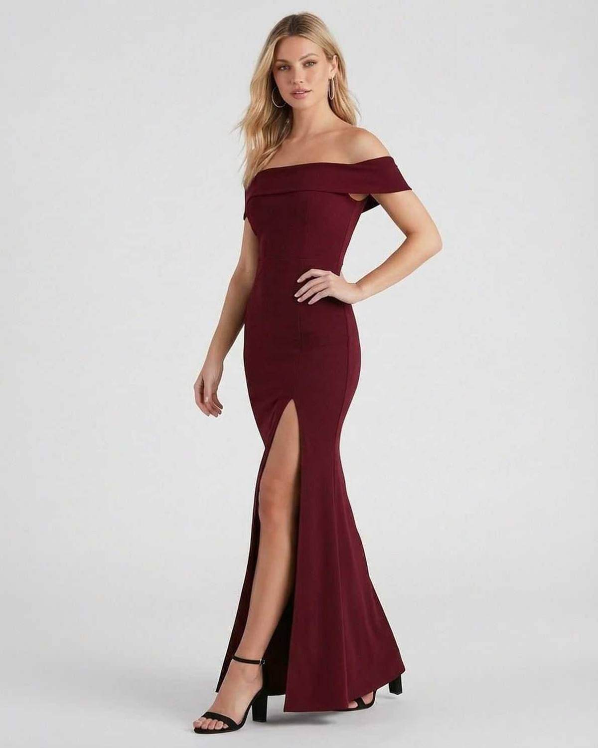 Kate Maxi Dress by SLIMONA, elegantly designed with an off-the-shoulder neckline and thigh slit.