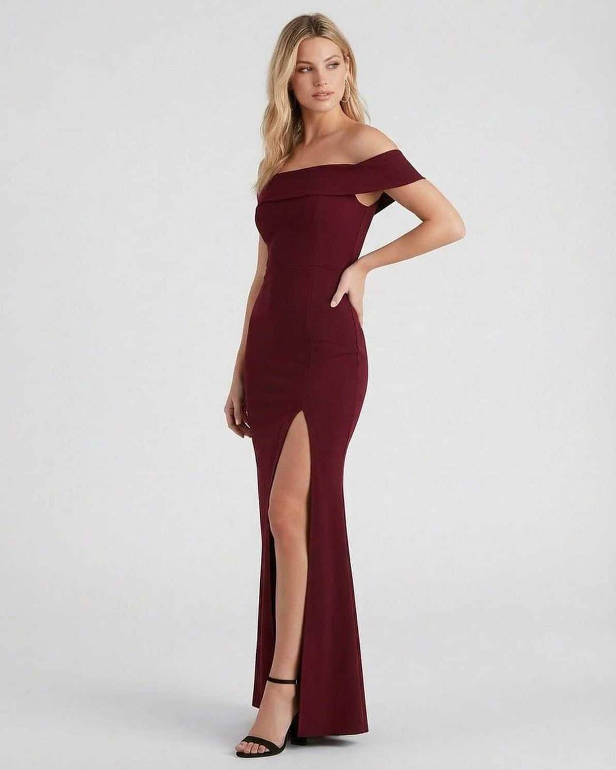 SLIMONA Kate Maxi Dress in burgundy, featuring an elegant off-the-shoulder design and thigh-high slit for a stunning look.