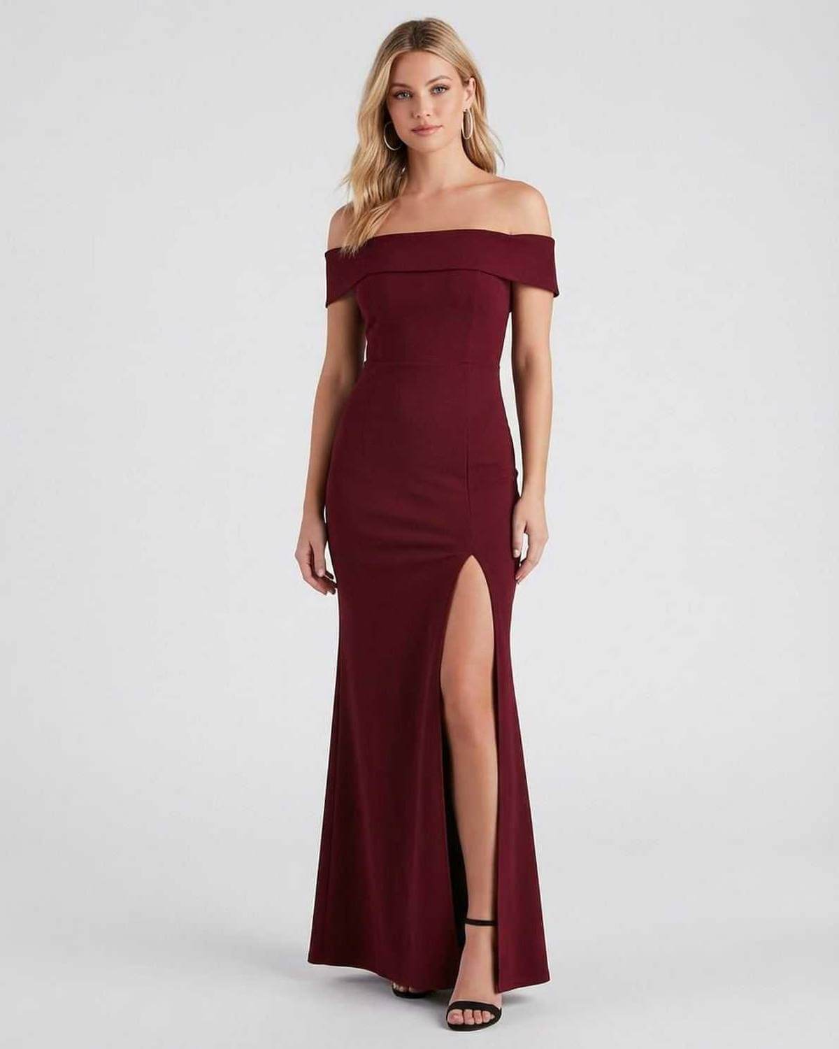 Kate Maxi Dress by SLIMONA, elegant off-the-shoulder burgundy dress with side slit for a stunning look.