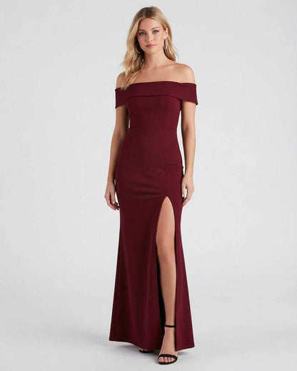 Kate Maxi Dress by SLIMONA, elegant off-the-shoulder burgundy dress with side slit for a stunning look.