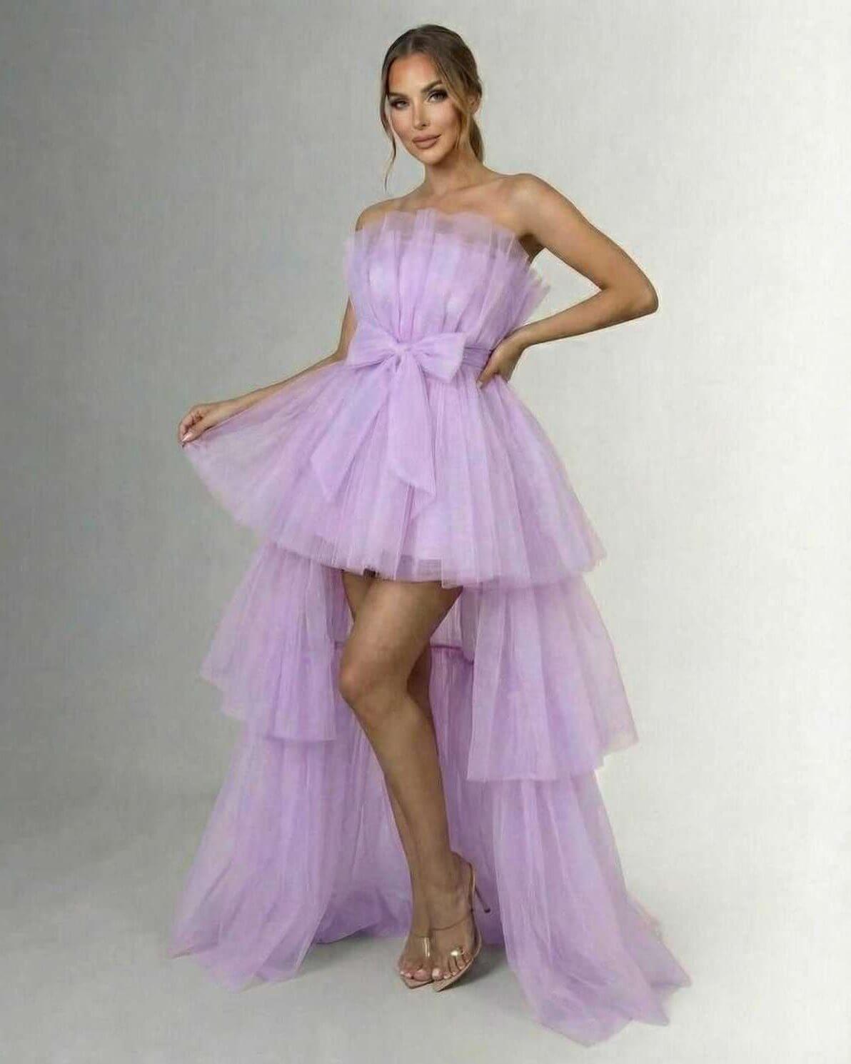Lilacina Maxi Dress by Lauven, strapless tulle high-low gown with bow detail, elegant ankle-length dress in soft lilac.