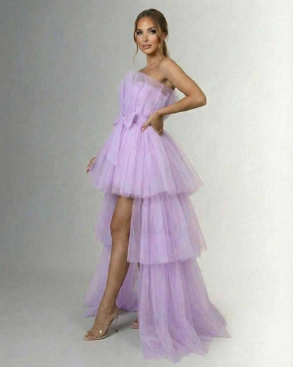 Lilacina Maxi Dress by Lauven – Strapless tulle gown with bow detail and high-low skirt in soft lilac.