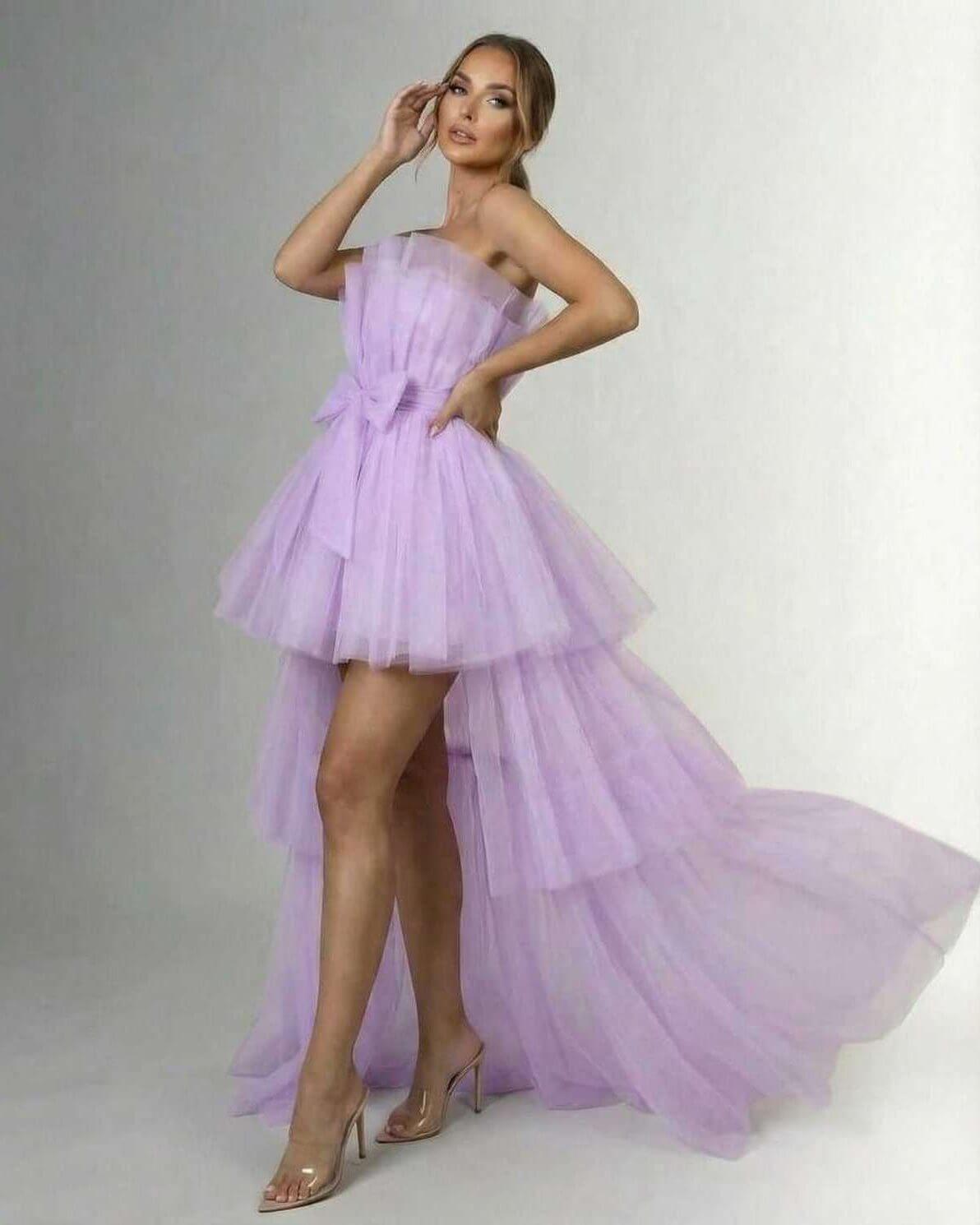 Lilacina Maxi Dress by Lauven – Strapless lilac tulle gown with high-low skirt and bow detail.