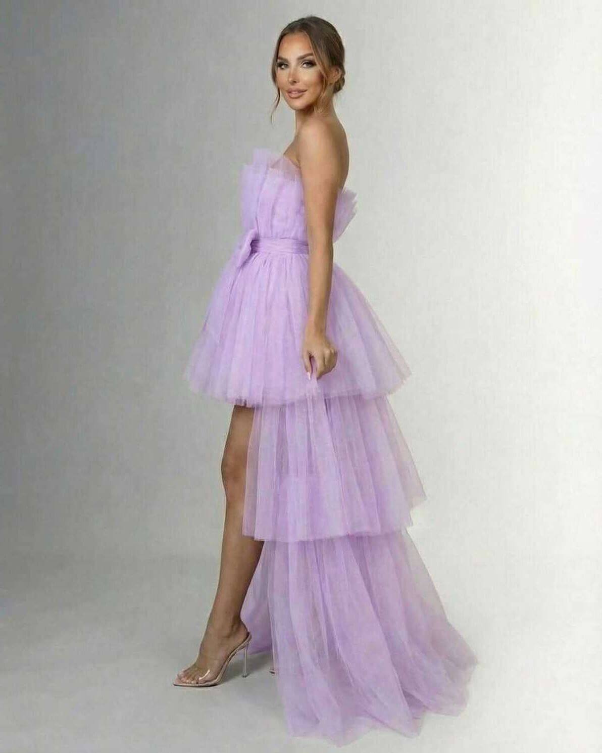 Lilacina Maxi Dress by Lauven, strapless tulle gown with high-low hem and bow detail in soft lilac.