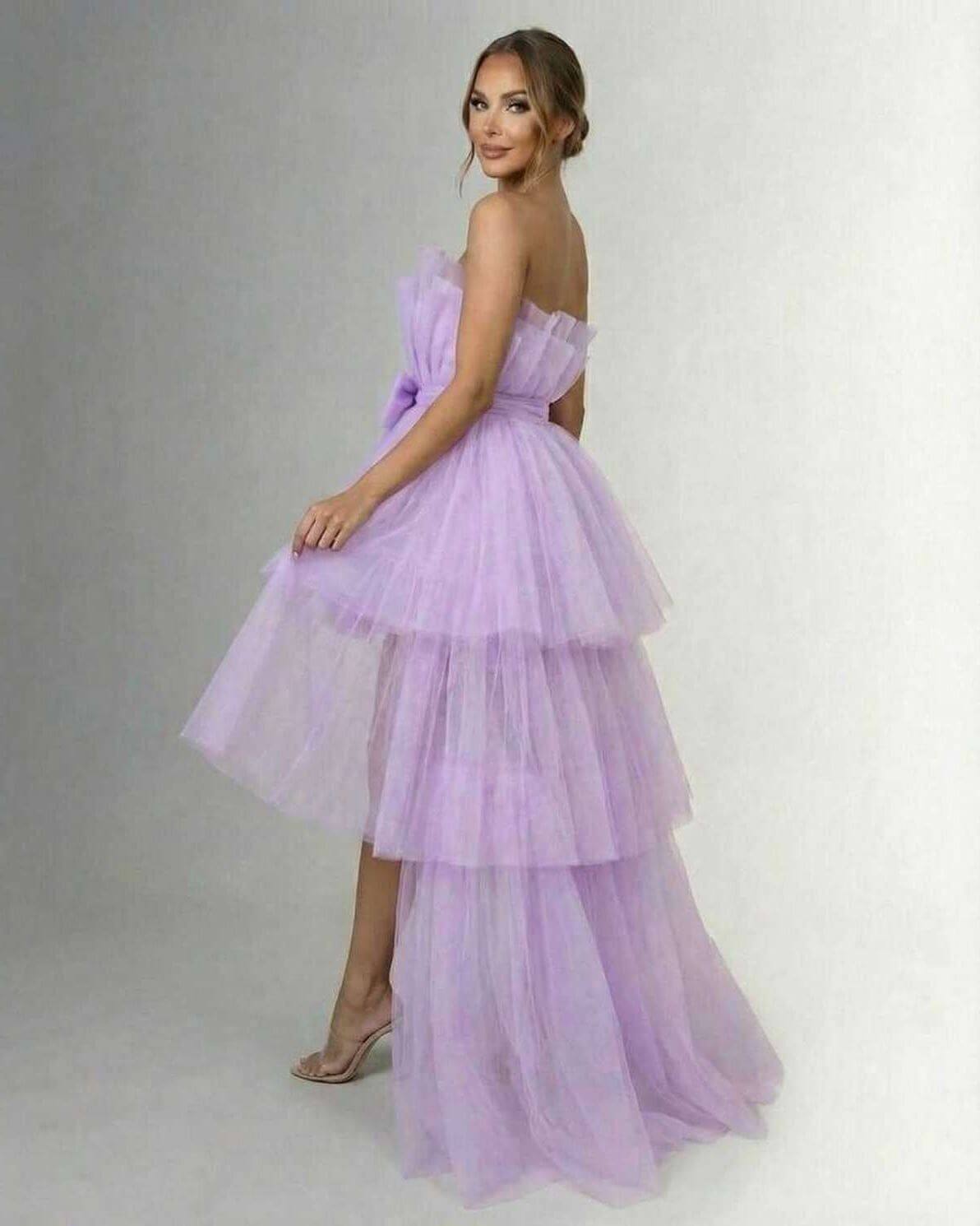 Lilacina Maxi Dress by Lauven – Strapless tulle high-low gown with bow detail and layered soft lilac fabric.