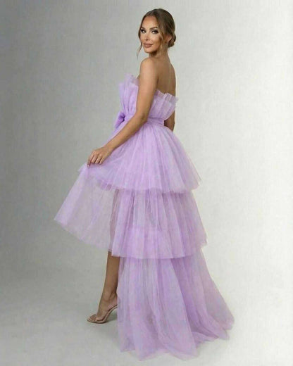 Lilacina Maxi Dress by Lauven – Strapless tulle high-low gown with bow detail and layered soft lilac fabric.