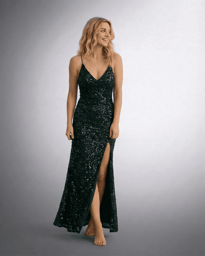Luna Maxi Dress by SLIMONA - Stunning green sequin evening gown with thigh-high slit and V-neckline.