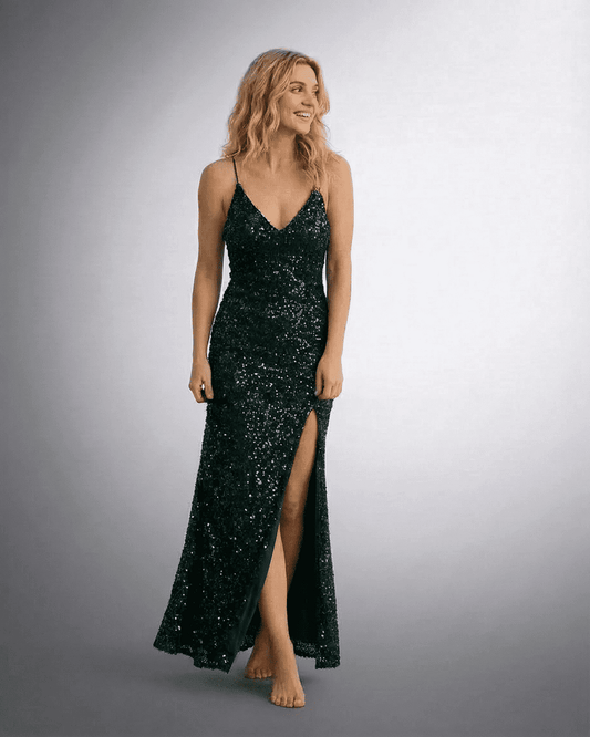 Luna Maxi Dress by SLIMONA - Stunning green sequin evening gown with thigh-high slit and V-neckline.