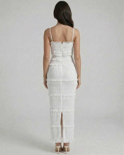 Luna Maxi Dress by Lauven, showcasing a sleek sheath silhouette in crisp white from the back.