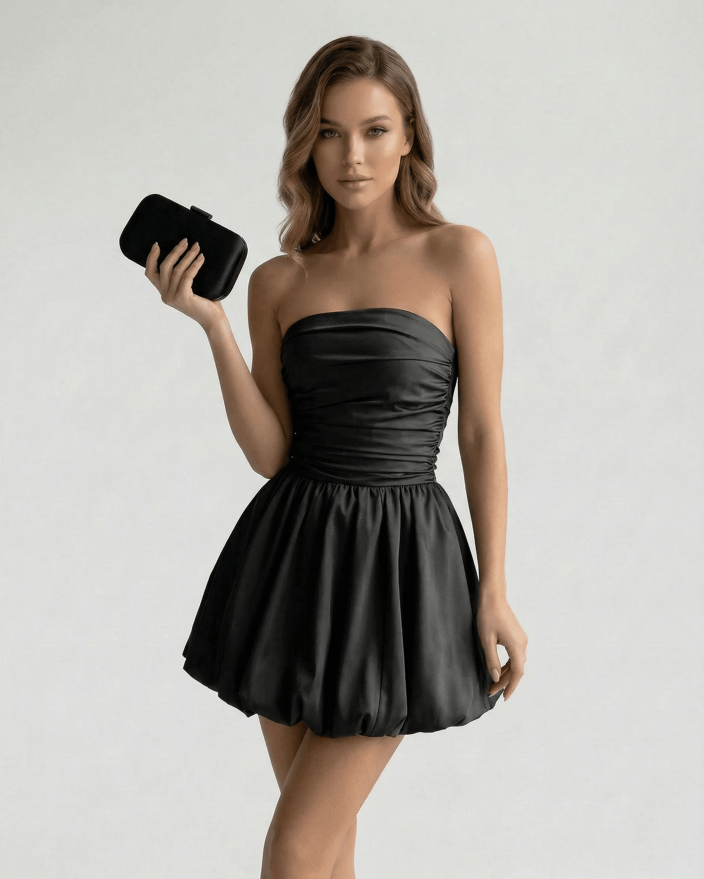 Luna Mini Dress by Lauven, sleek black strapless satin dress, flattering A-line silhouette above the knee.