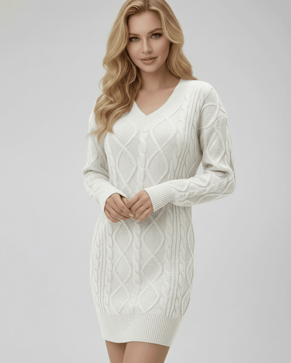 Luna Mini Dress by Lauven, a classic ribbed v-neck sweater dress in ivory with a cable-knit texture.
