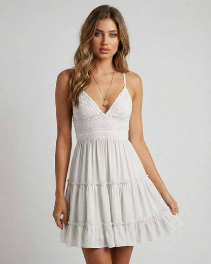 Luna Mini Dress by Lauven featuring an elegant lace bodice and a flowy tiered skirt, perfect for summer occasions.