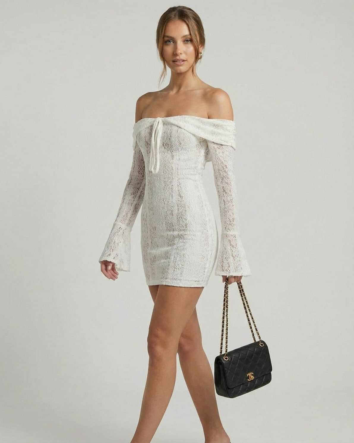 Luna Mini Dress by Lauven - Elegant off-shoulder lace dress in white with flared sleeves and chic detailing.