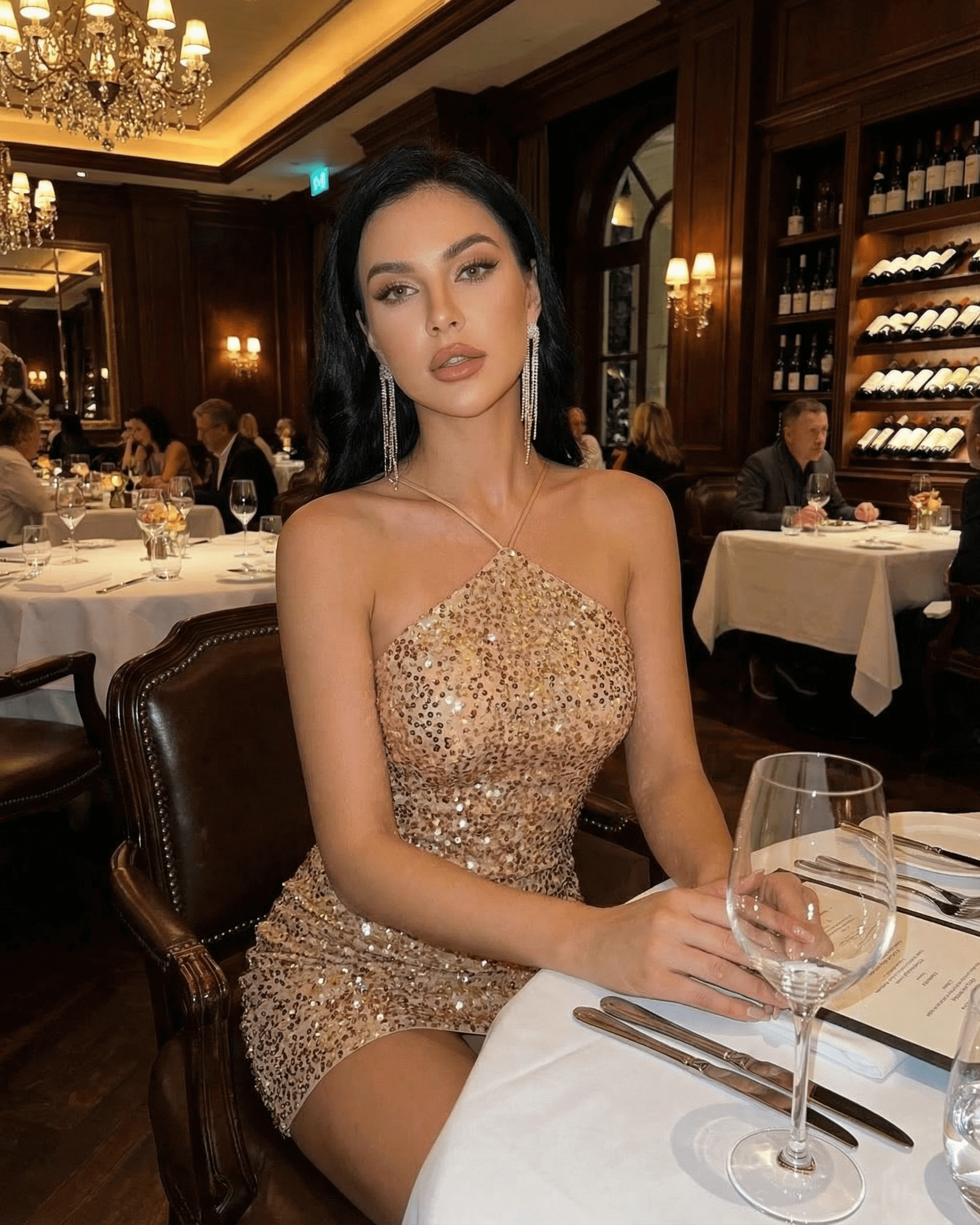 Luna Mini Dress by SLIMONA, a gold sequin halter neck mini dress, perfect for elegant evenings.