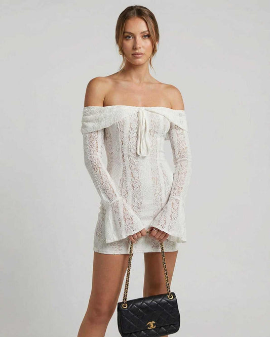 Luna Mini Dress by Lauven - Elegant off-shoulder lace dress in white with flared sleeves.