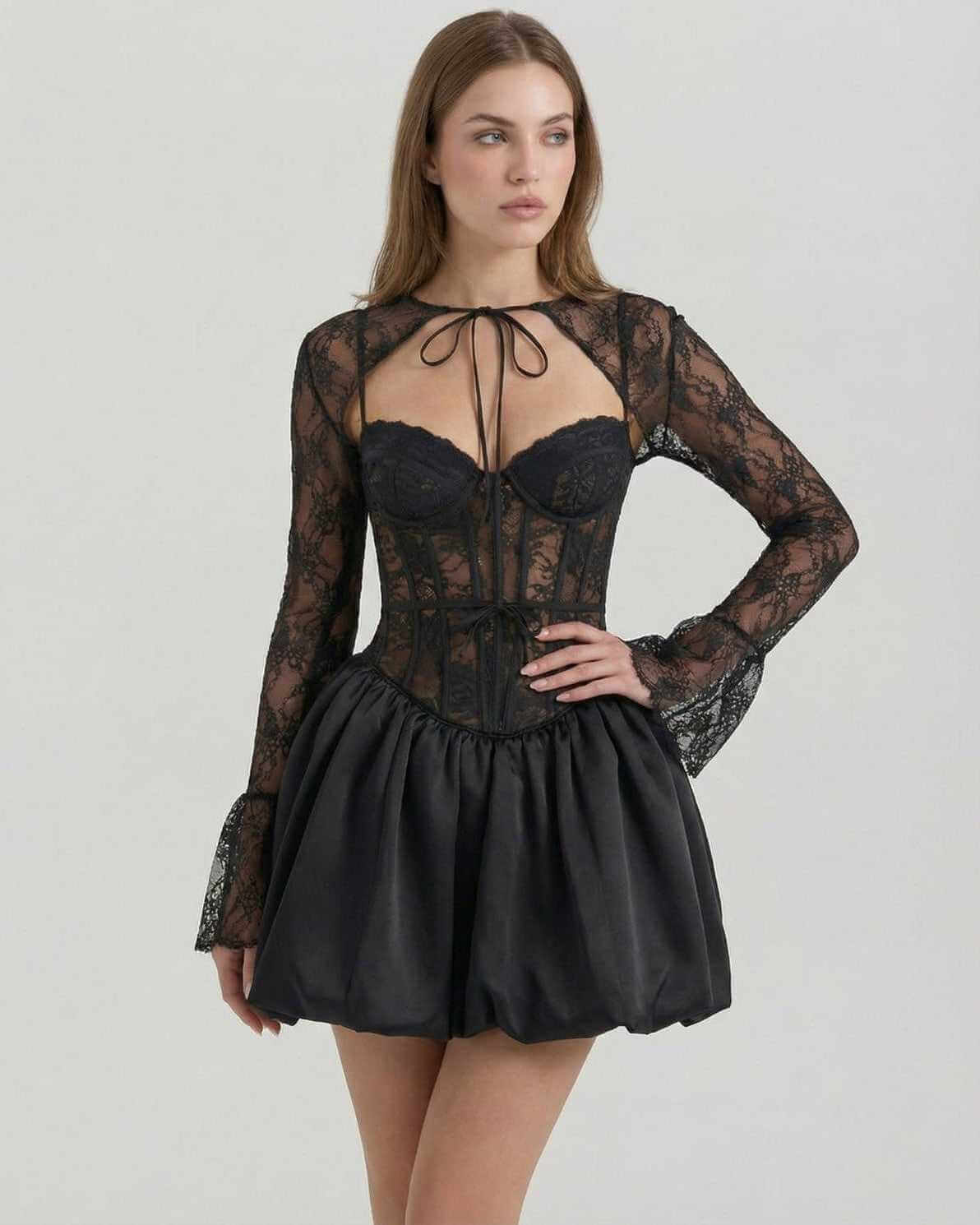 Luna Mini Dress by Lauven featuring sheer lace bodice and satin bubble skirt, perfect for elegant occasions.