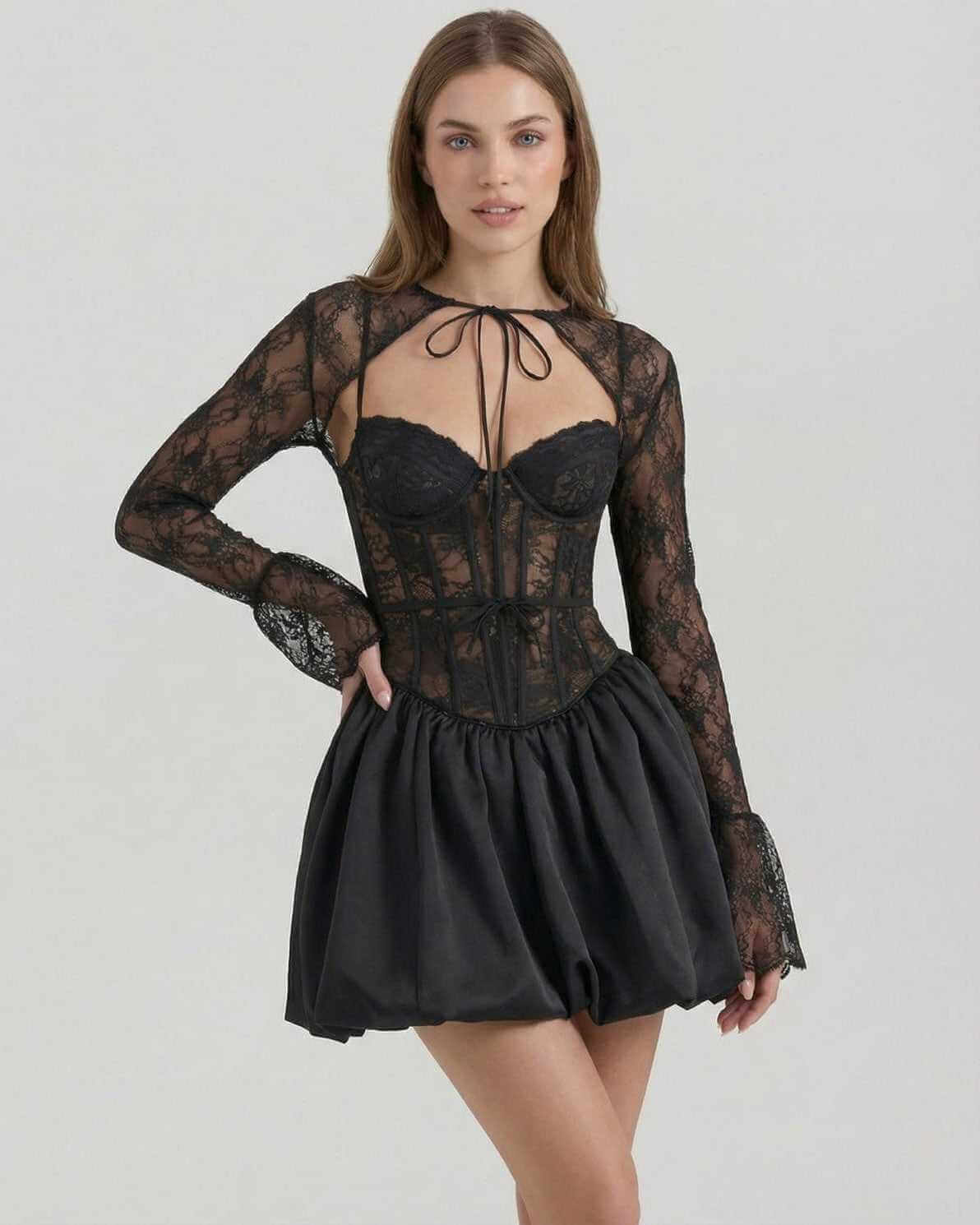 Lauven Luna Mini Dress featuring sheer lace bodice and satin bubble skirt for a stylish look.