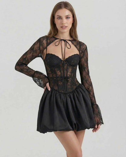 Lauven Luna Mini Dress featuring sheer lace bodice and satin bubble skirt for a stylish look.