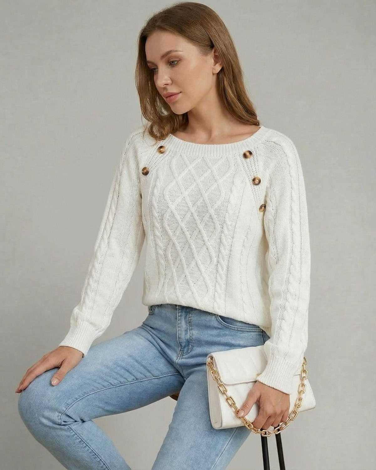 Luna Pullover by SLIMONA - Cable knit sweater with square collar and button details, perfect for casual layering.