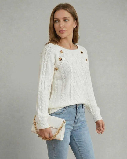 Luna Pullover by SLIMONA - Cable knit sweater with square collar, perfect for layering and casual outfits.
