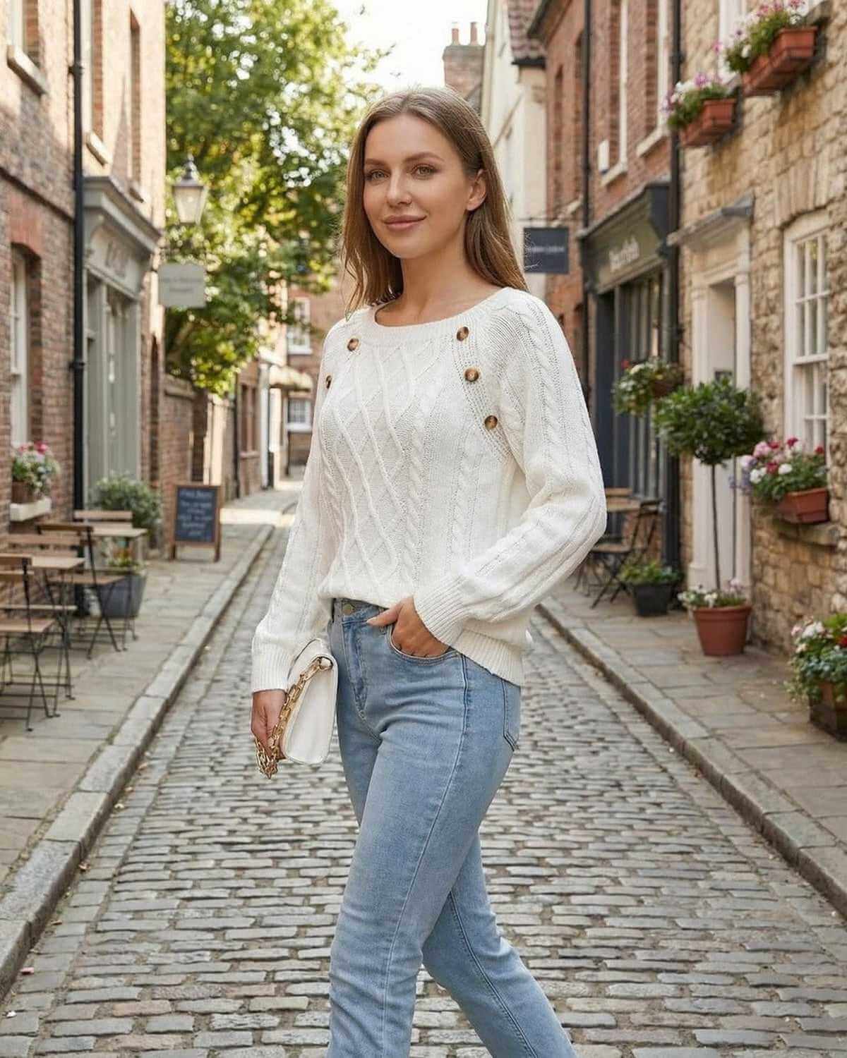 Luna Pullover by SLIMONA - Cable knit square collar sweater featured outdoors with a relaxed and polished look.