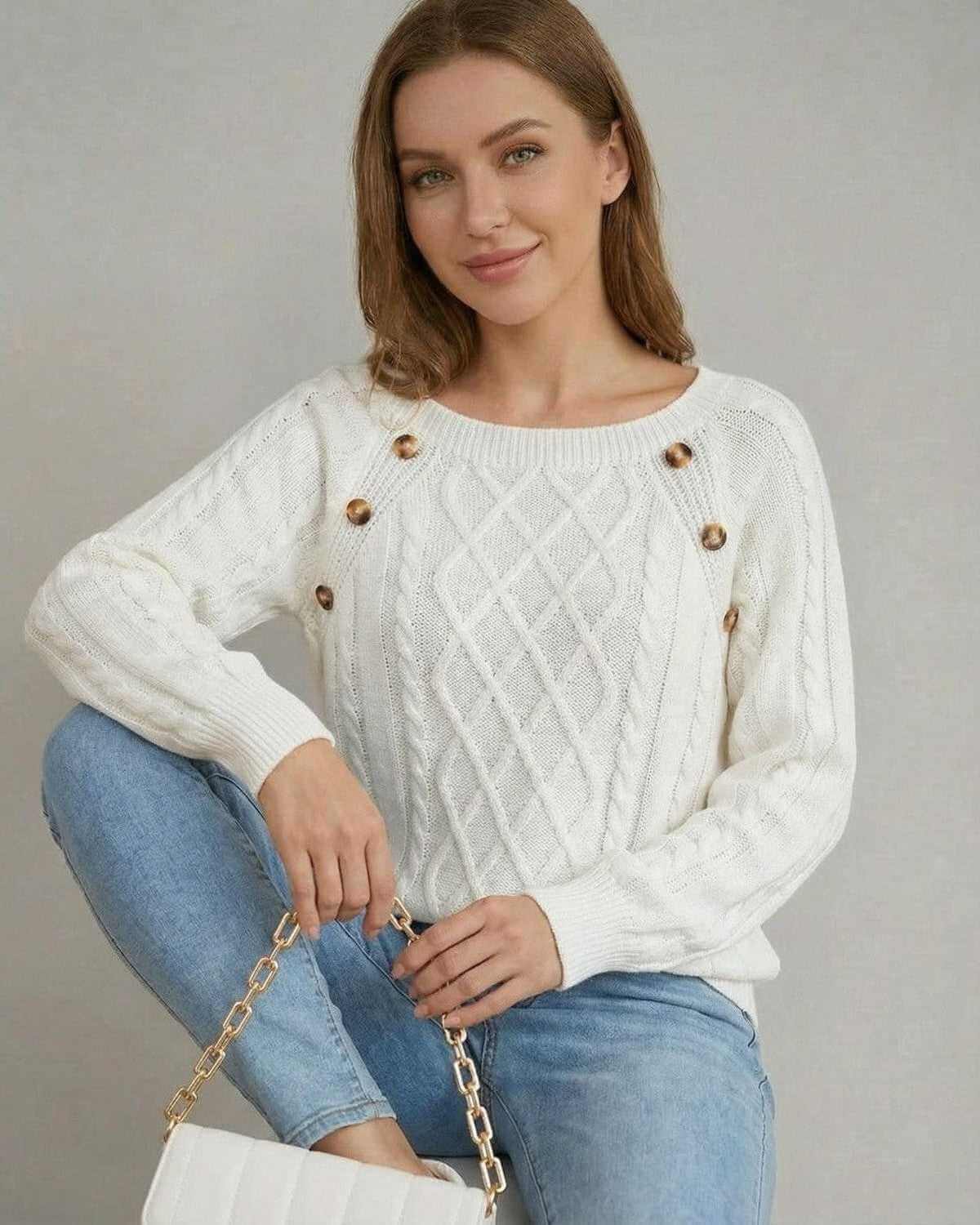 Luna Pullover by SLIMONA, a stylish cable knit sweater with square collar and raglan sleeves.