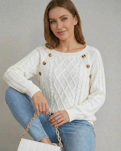 Luna Pullover by SLIMONA, a stylish cable knit sweater with square collar and raglan sleeves.