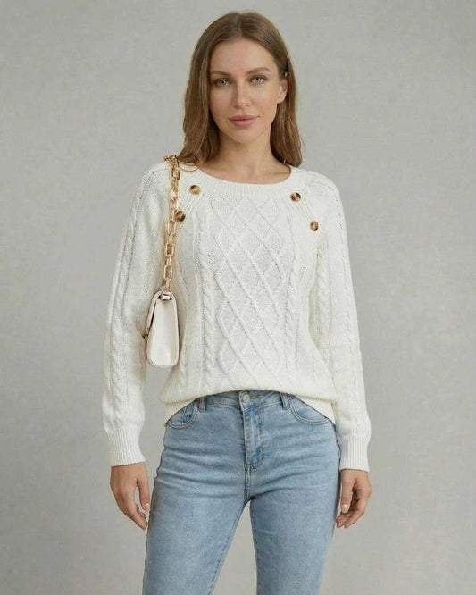 Luna Pullover by SLIMONA, a white cable knit sweater with square collar and raglan sleeves, perfect for casual layering.