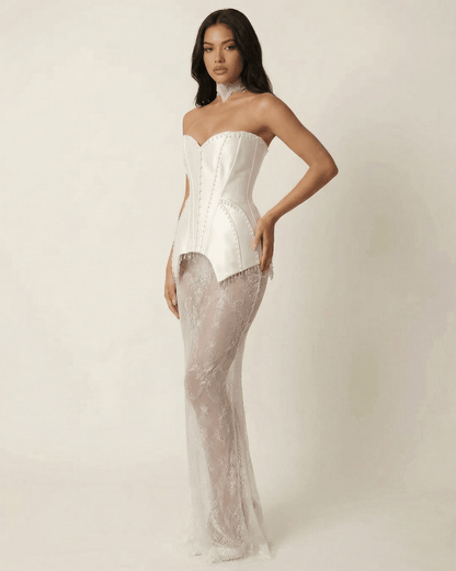 Lunaria Maxi Dress by SLIMONA featuring a strapless corset bodice and sheer lace patchwork skirt.