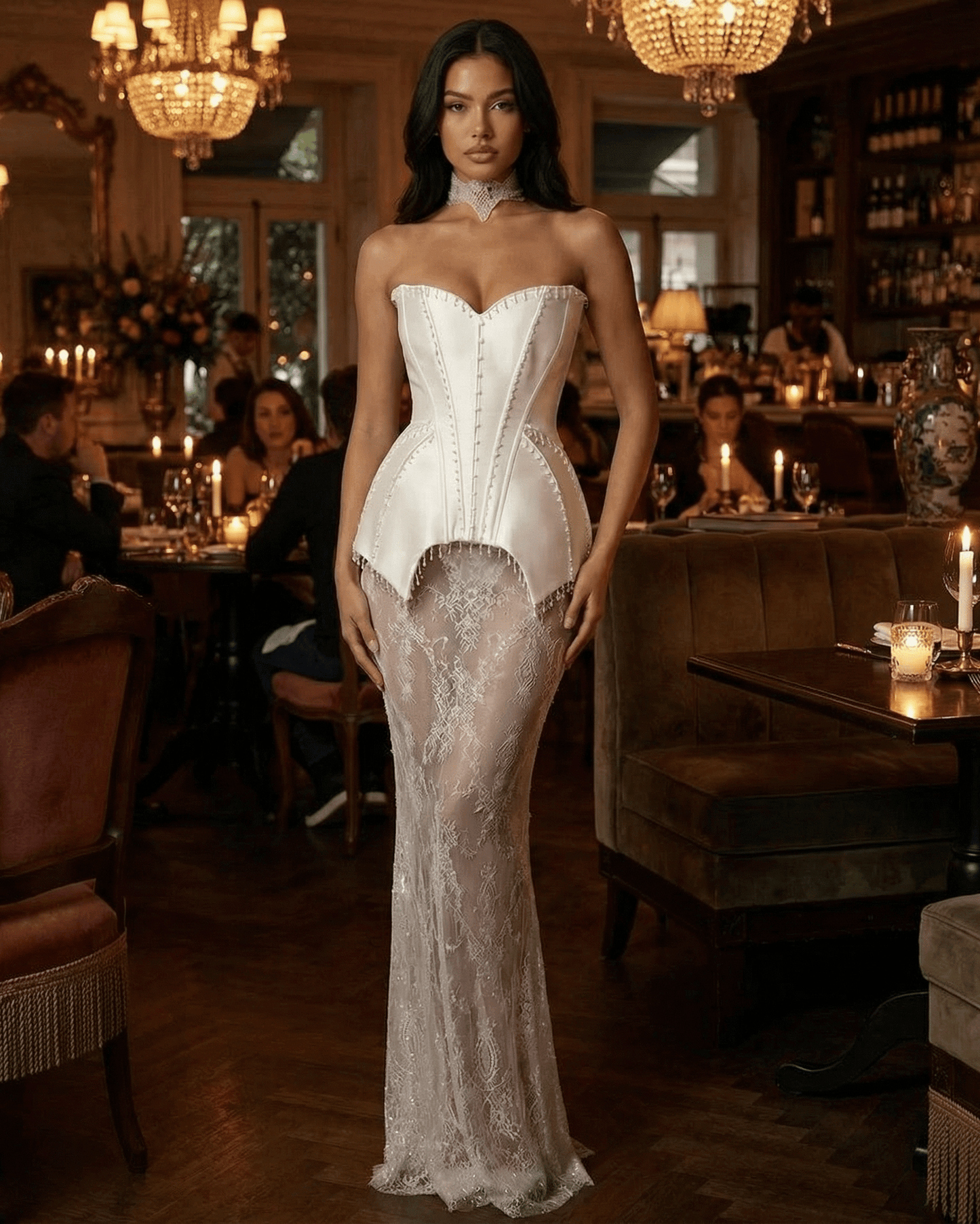 Lunaria Maxi Dress by SLIMONA, a strapless lace patchwork gown with a corset bodice and sheer skirt.