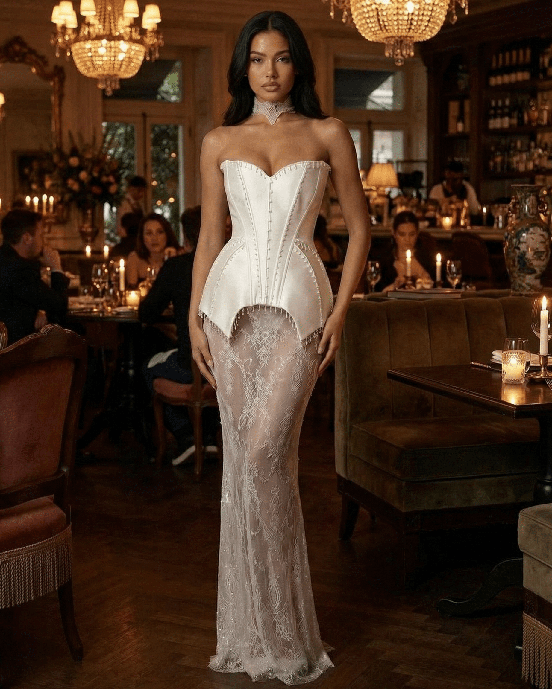 Lunaria Maxi Dress by SLIMONA, a strapless lace patchwork gown with a corset bodice and sheer skirt.