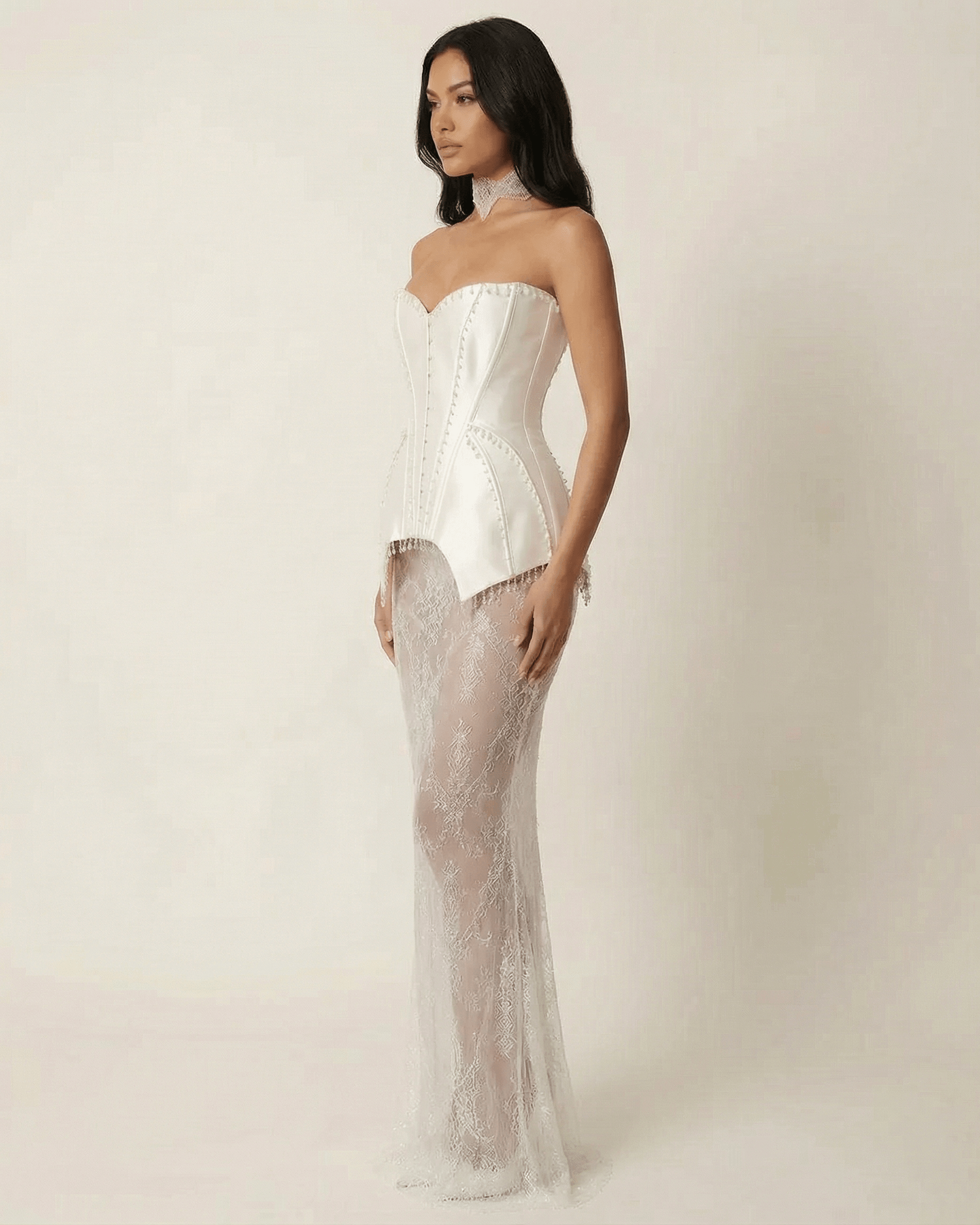 Lunaria Maxi Dress by SLIMONA, strapless lace patchwork gown with sculptural corset bodice and sheer skirt.